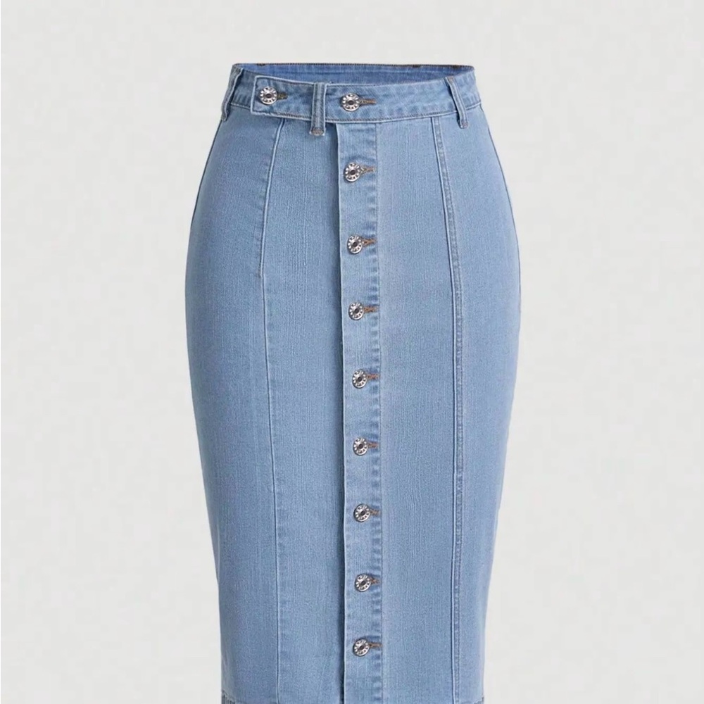 🎈HP🥳🎉 Light Wash Denim Button Front Midi Skirt High Slit Stretch Size Large - Picture 4 of 9